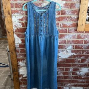 VTG Premier Int Denim Jumper Maxi Dress Floral Embroidered Cottage Garden XL